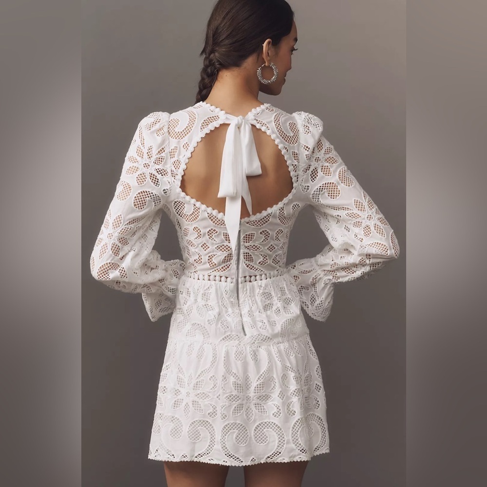 NWT! Anthro Saylor Marilla Long-Sleeve Eyelet Lace Mini Dress - M Petite, Small⏰ - Picture 2 of 6